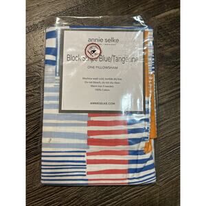 Annie Selke Block Stripe Blue Tangerine pillow sham Cotton Case Cover Euro